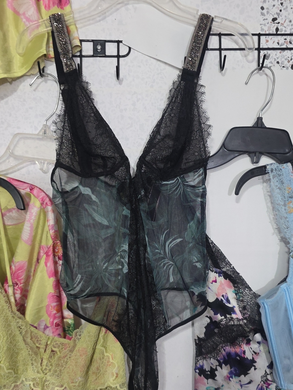 Victoria's Secret Black Sheer Floral Lace Chemise with Embellished Straps